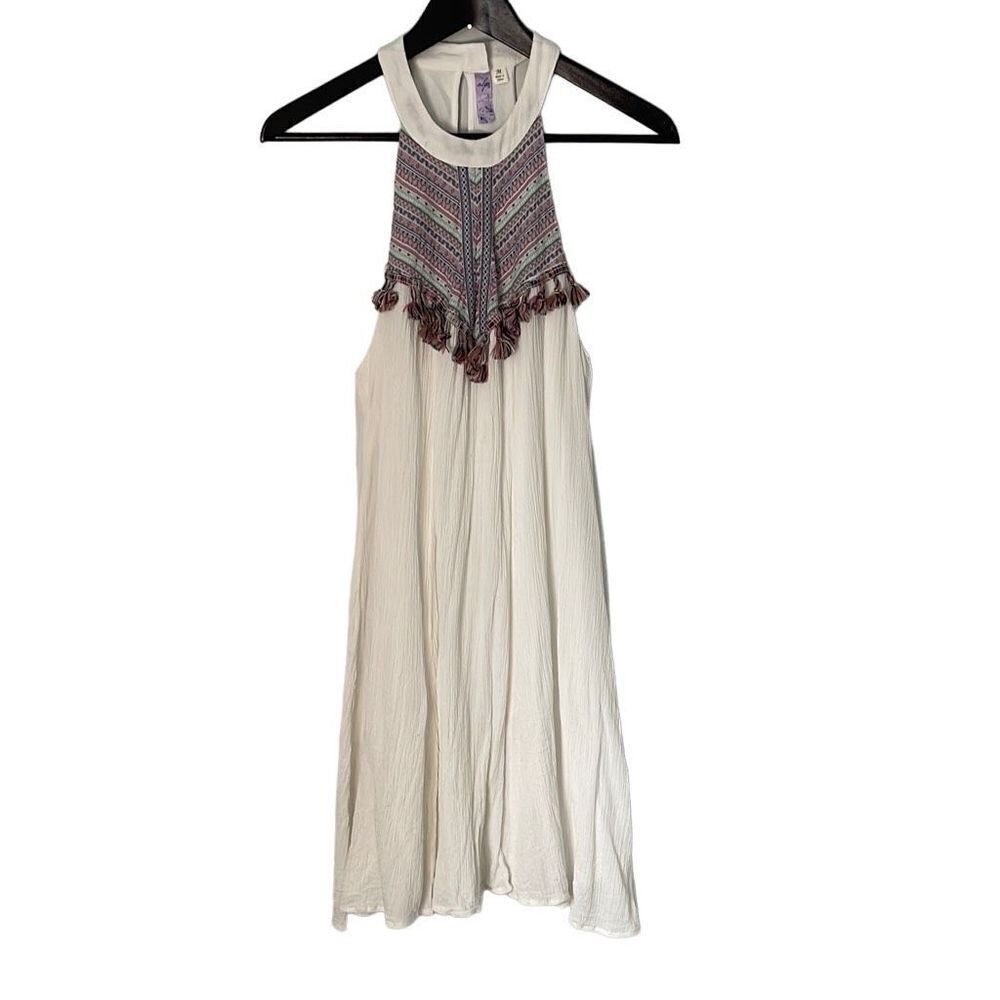 Alya Womens Halter Dress Embroidered Fringe Tassel Sleeveless Boho Cream Medium‎